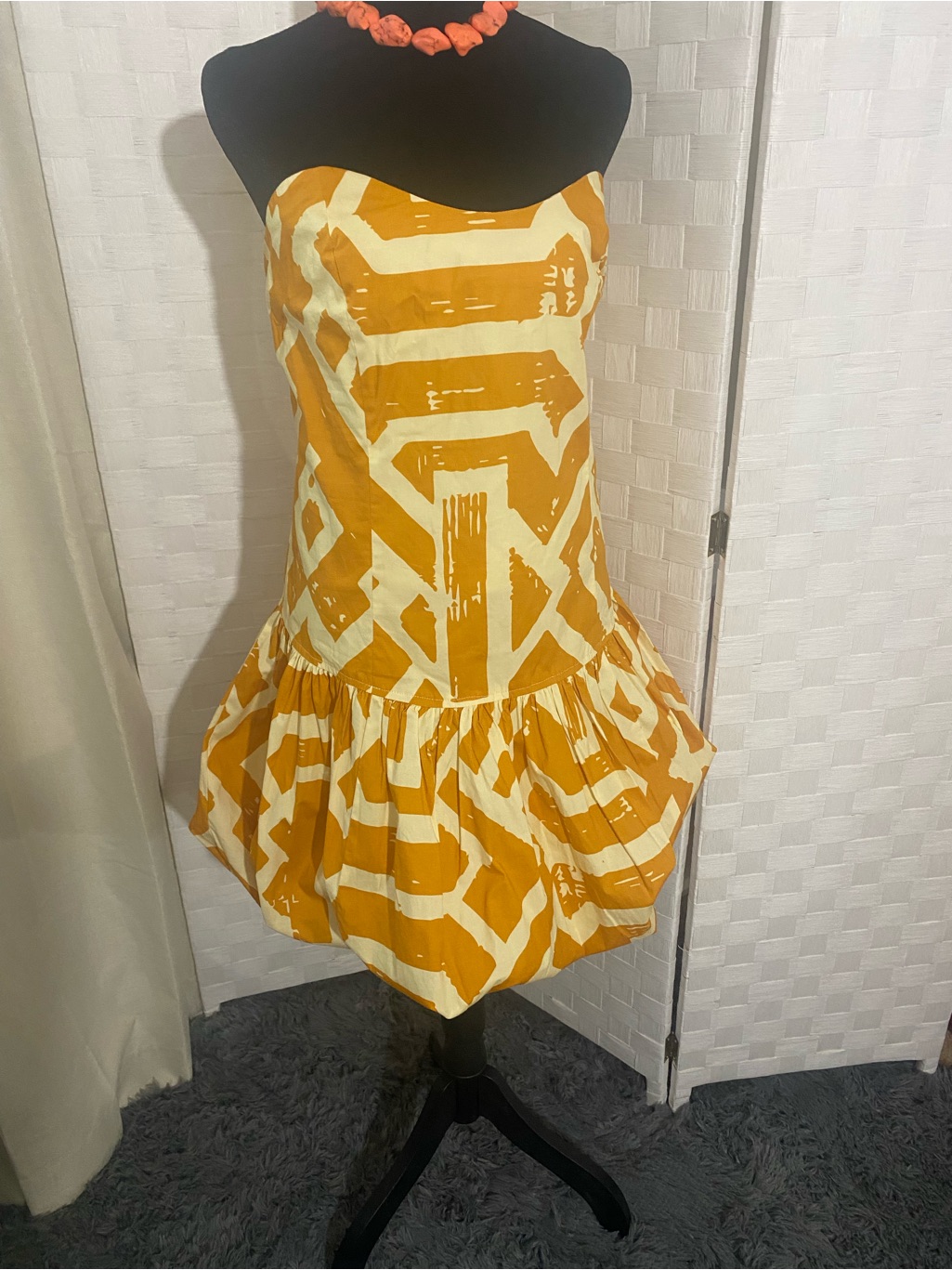 Mwt: D’iyanu Strapless Mustard Geometric Print Bubble Hem Mini Dress — image 3 of 8